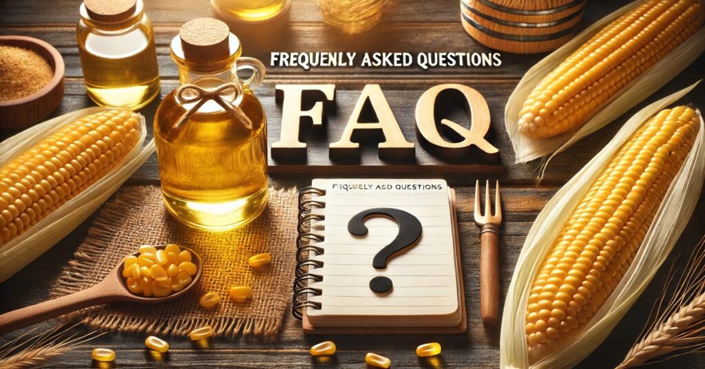 An image of corn oil dedicated to the FAQ section, featuring a bottle of corn oil next to a notebook bearing a question mark, symbolizing common inquiries about the benefits and uses of corn oil. The image includes elements that refer to cooking and health, with warm lighting that highlights an educational and informational nature.”