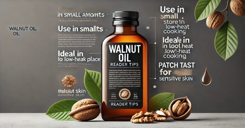 Reader tips for using walnut oil, offering advice on incorporating it into daily routines for enhanced skin care, hair health, and cooking