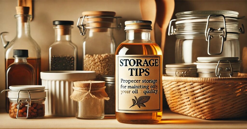 “A wide image of a small bottle of palm oil placed on a shelf or in a kitchen storage space, surrounded by glass containers and wicker baskets, expressing an ideal storage environment for maintaining the quality of the oil. The background is warm and neutral, and the lighting is soft to highlight the importance of storing palm oil properly.