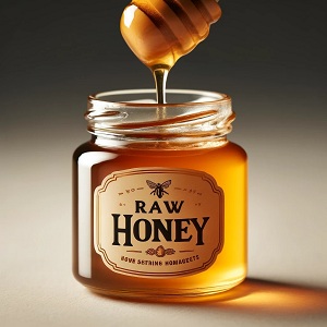 An inviting header image for an article on raw honey, featuring a jar of golden honey with honeycomb pieces and bees surrounding it. The scene is warm and natural, highlighting the rich texture and pure quality of the honey. Flowers and greenery are arranged around the honey jar, enhancing the organic, wholesome feel. The overall composition is designed to captivate readers and introduce them to the natural benefits and uses of raw honey