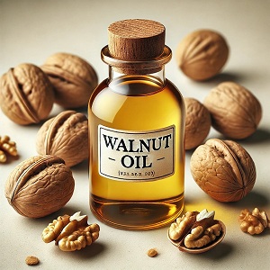 Walnut oil bottle with golden, rich oil extracted from premium walnuts, offering health benefits for skin, hair, and culinary uses