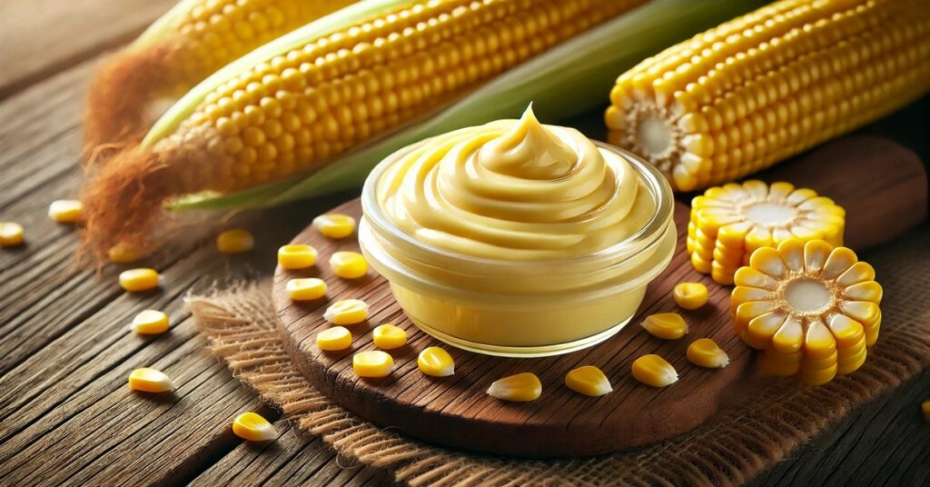 "Introductory image of Durra corn butter, featuring a jar of creamy, golden-yellow butter placed next to fresh corn kernels, highlighting its rich and natural flavor.