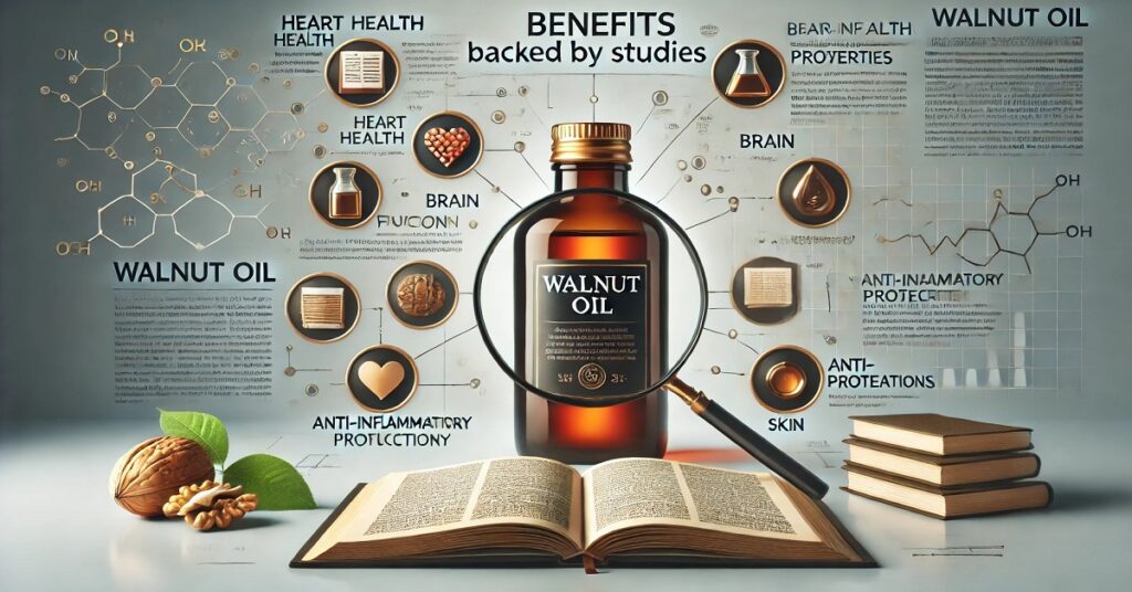 Health benefits of walnut oil, highlighting its rich content of omega-3 fatty acids, antioxidants, and essential nutrients for heart health, skin care, and overall wellness