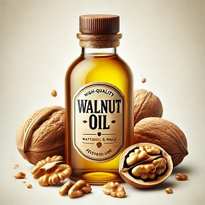 "Walnut oil bottle with golden, rich oil extracted from premium walnuts, offering health benefits for skin, hair, and culinary uses."