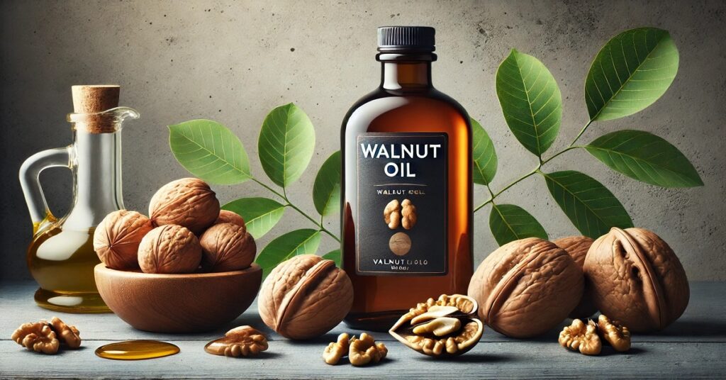 Introductory image of walnut oil, featuring a glass bottle of golden-brown oil next to fresh walnuts, emphasizing its natural health and beauty benefits.