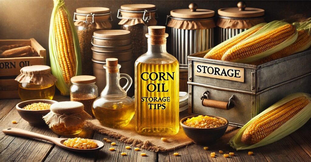 Place the bottle of corn oil in a cool, dry place away from direct sunlight, with a label next to it indicating ideal storage instructions to preserve the quality of the oil and its benefits. The scene symbolizes the correct way to store corn oil to ensure that it remains fresh and usable for a longer period.