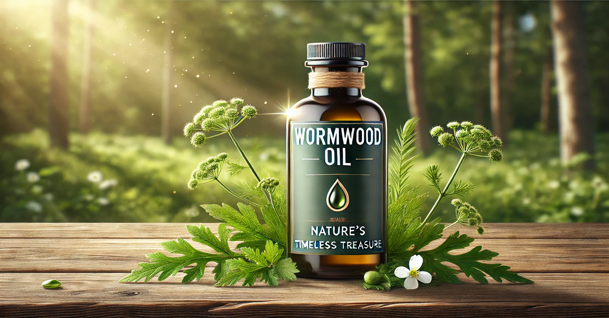 A wide banner image featuring a premium bottle of wormwood oil placed on a rustic wooden table. The bottle is small and elegantly designed, surrounded by fresh wormwood leaves and flowers. The background shows a soft, blurred woodland setting, creating a serene and natural atmosphere. The text reads 'Wormwood Oil: Nature's Timeless Treasure,' emphasizing the product's connection to nature and its ancient traditions