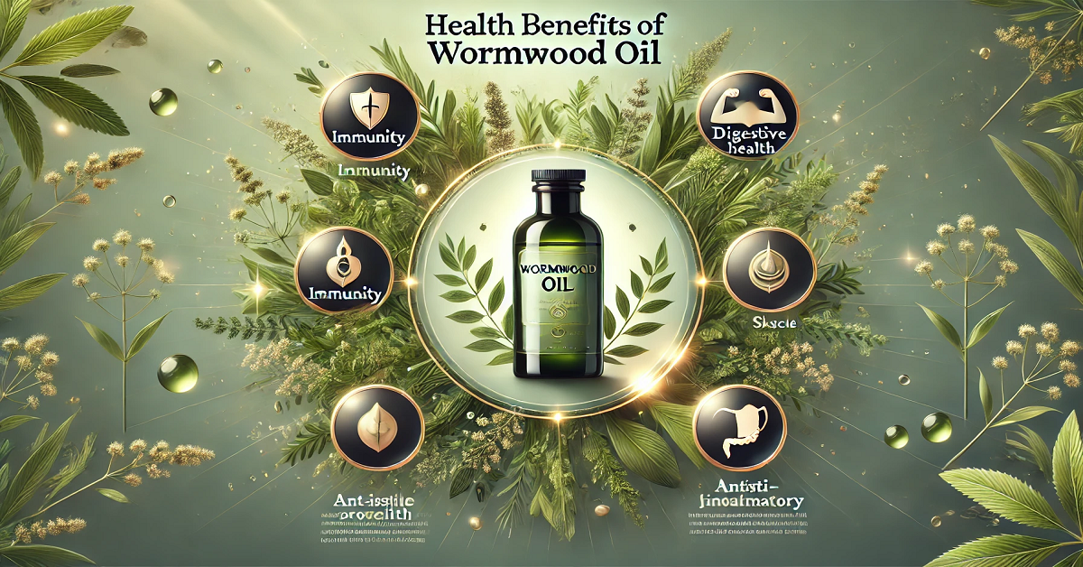 Wide banner image showcasing the health benefits of wormwood oil. The central focus is an elegant bottle of wormwood oil, surrounded by icons representing its benefits: a shield symbolizing immunity support, a digestive system for improved digestion, a muscle highlighting its anti-inflammatory properties, and glowing skin for its skincare advantages. The background features a soft green gradient with artistic arrangements of wormwood leaves and flowers, accompanied by text reading 'Health Benefits of Wormwood Oil.