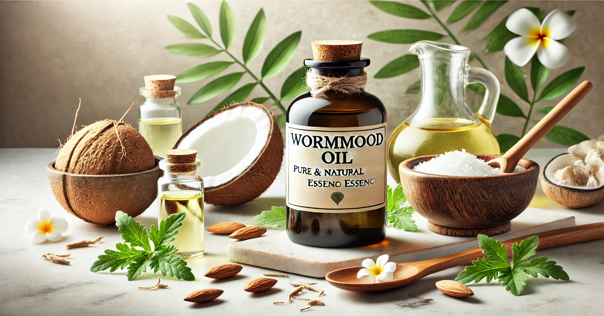 A wide banner image showcasing a DIY recipe for hair and skin using wormwood oil. The scene features a premium bottle labeled 'Wormwood Oil - Pure & Natural Essence,' placed on a marble surface surrounded by natural ingredients like coconut oil, almond oil, and fresh wormwood leaves. Mixing bowls and wooden spoons are arranged neatly, emphasizing a clean, organic, and natural theme, perfect for creating homemade beauty treatments.