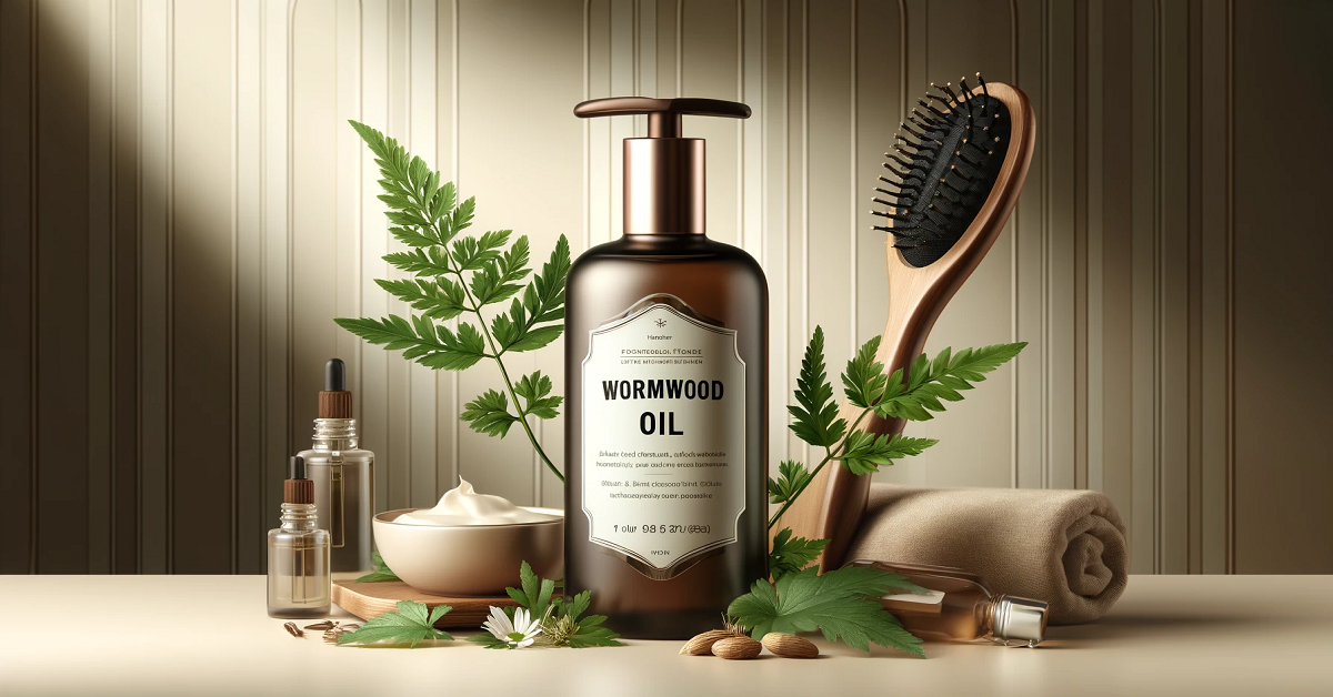 A wide banner image highlighting the skin and hair benefits of wormwood oil. The centerpiece is an elegant bottle labeled 'Wormwood Oil,' surrounded by fresh wormwood leaves, a hairbrush, and a bowl of creamy moisturizer. The soft, neutral background and gentle lighting create a luxurious and natural aesthetic, emphasizing the oil's nourishing and rejuvenating properties for beauty care.