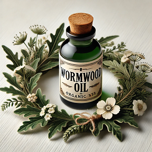 An elegant image of a large bottle of wormwood oil labeled 'Wormwood Oil,' surrounded by a natural wreath of wormwood leaves and flowers. The bottle is placed against a clean white background, highlighting its premium quality and the organic essence of the product. The composition emphasizes the purity and natural origin of wormwood oil, making it an ideal choice for the main article.