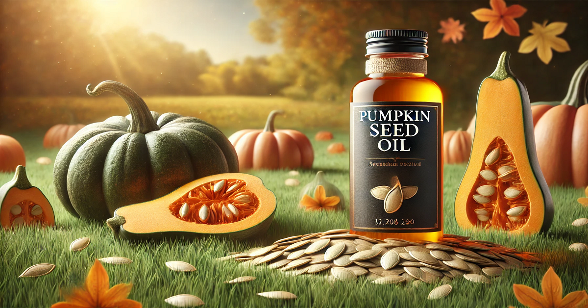 A wide banner image featuring a premium bottle of pumpkin seed oil in a natural outdoor setting. The bottle, elegantly labeled 'Pumpkin Seed Oil,' is surrounded by fresh pumpkin seeds, halved pumpkins, and whole pumpkins, all placed on a soft grassy field. The background showcases a warm, sunlit autumn landscape with trees and scattered leaves, highlighting the organic and natural essence of the product