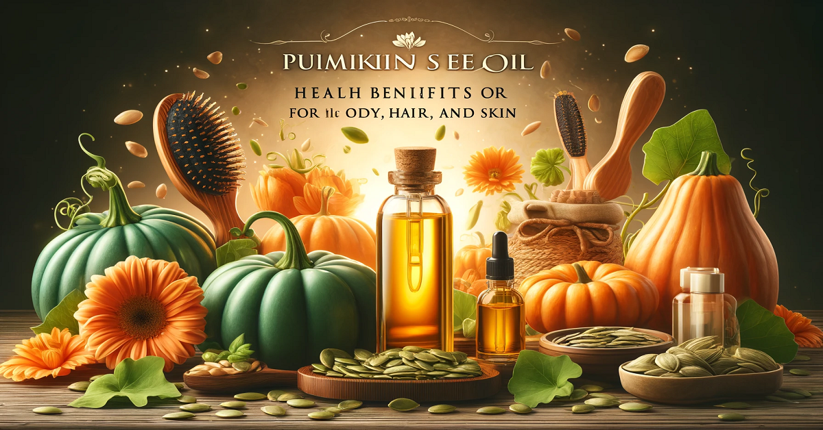 A wide banner image highlighting the health benefits of pumpkin seed oil for the body, hair, and skin. The centerpiece is a premium bottle of pumpkin seed oil surrounded by fresh pumpkins, pumpkin seeds, and beauty essentials like hairbrushes and skincare jars. The rustic wooden table and soft lighting create a warm, natural ambiance, emphasizing the oil's versatility and organic health benefits