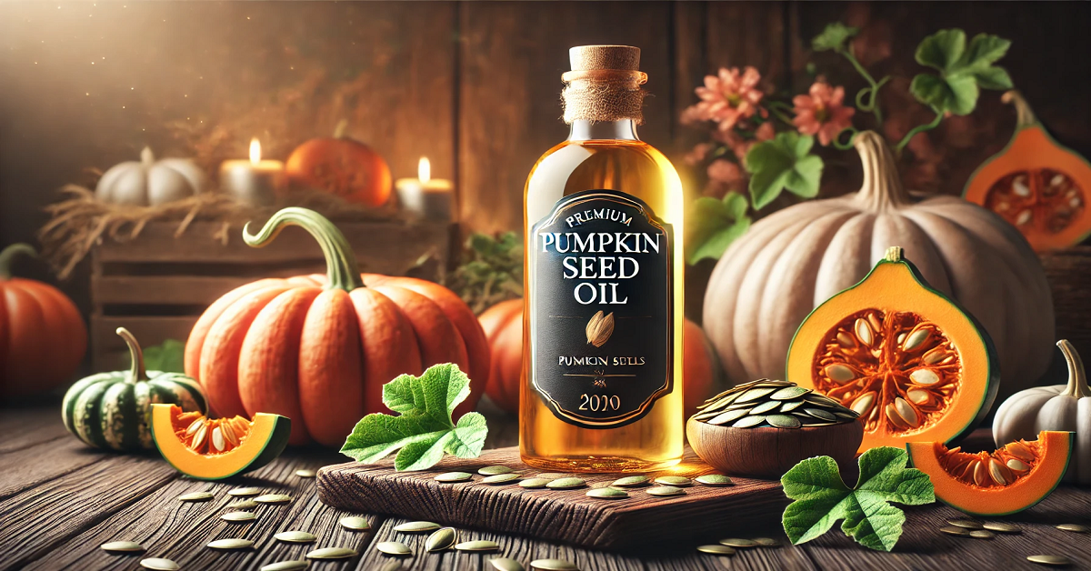 A wide banner image featuring a premium bottle of pumpkin seed oil prominently displayed on a rustic wooden surface. The bottle, labeled 'Pumpkin Seed Oil,' is surrounded by vibrant pumpkins, fresh pumpkin seeds, and green leaves, highlighting its natural origin. The warm, softly lit background creates a cozy and inviting atmosphere, emphasizing the oil's organic essence and versatility