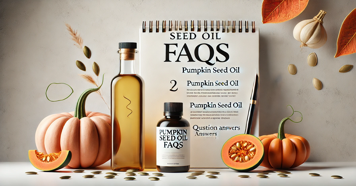 A wide banner image for a FAQ section about pumpkin seed oil. The image features a premium bottle of pumpkin seed oil placed on a clean white surface, surrounded by fresh pumpkin seeds, vibrant pumpkins, and a notepad symbolizing questions and answers. The minimalist background and soft lighting emphasize clarity and focus, making it ideal for addressing frequently asked questions about the oil's uses and benefits