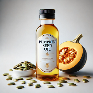 A small image showcasing a premium bottle of pumpkin seed oil labeled 'Pumpkin Seed Oil,' placed on a clean white surface. The bottle is surrounded by fresh pumpkin seeds and a halved pumpkin slice, highlighting the oil's natural and organic essence. The minimalist design and soft lighting make it ideal for a website homepage, emphasizing quality and purity