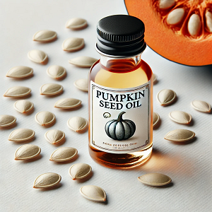 A small image showcasing a premium bottle of pumpkin seed oil labeled 'Pumpkin Seed Oil,' placed on a clean white background. The bottle is accompanied by fresh pumpkin seeds and a small slice of pumpkin, emphasizing the oil's natural origin and high quality, ideal for the main article header.