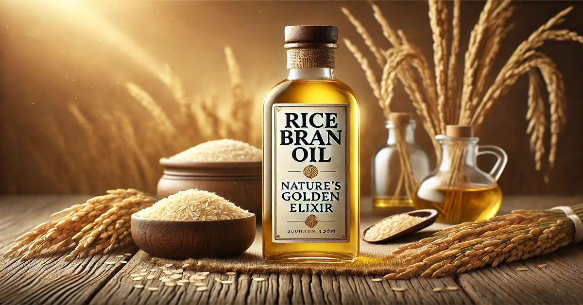 A wide banner image showcasing a premium bottle of rice bran oil labeled 'Rice Bran Oil,' placed on a rustic wooden table. The bottle is surrounded by raw rice grains, rice stalks, and a small bowl of rice bran, highlighting its natural origin. The background features a warm, softly lit setting with golden tones, emphasizing the oil's health benefits and organic essence