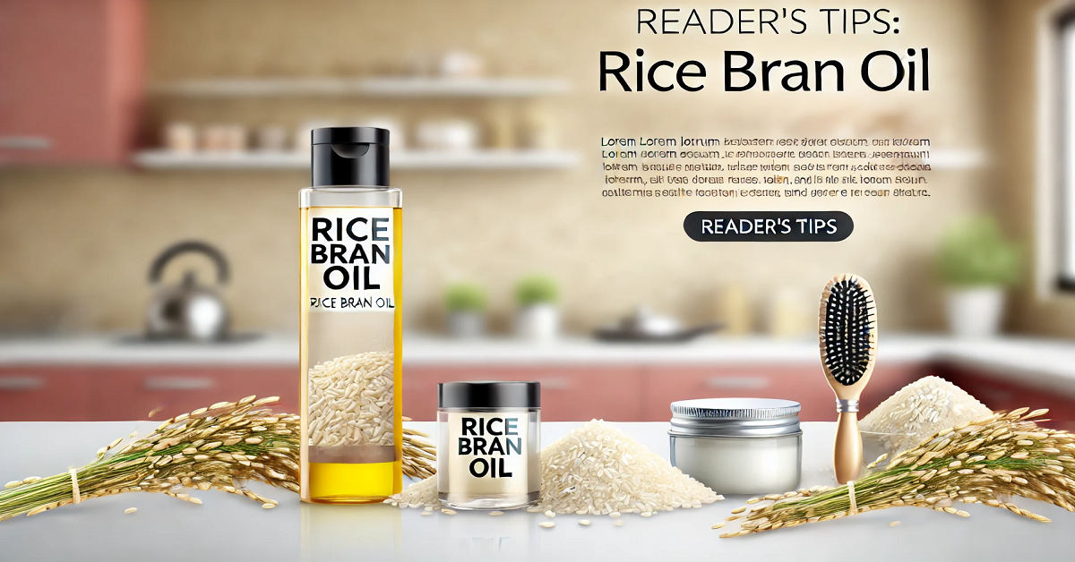 A wide banner image for the 'Reader's Tips' section about rice bran oil. The image features a premium bottle labeled 'Rice Bran Oil' placed on a clean kitchen counter, surrounded by rice grains, rice stalks, and beauty items like a moisturizer jar and a hairbrush. The warm, softly lit background creates a cozy and practical setting, emphasizing the versatile uses of rice bran oil for cooking, skincare, and haircare.