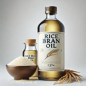 A high-quality image featuring a transparent large bottle of rice bran oil labeled 'Rice Bran Oil,' placed on a clean white background. Next to the bottle, a bowl of raw rice grains and rice stalks are neatly arranged, emphasizing the natural and organic origins of the oil. The minimalist design highlights the product's premium quality, perfect for a main article header