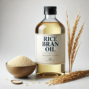 A minimalist image featuring a premium, large bottle of rice bran oil labeled 'Rice Bran Oil.' The bottle is placed on a clean white background, emphasizing its natural origin, high quality, and simplicity, making it ideal for a website homepage design