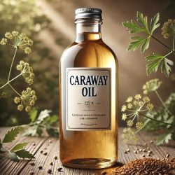 Main image of caraway oil on the website – a bottle of caraway oil appears next to caraway seeds on a natural background, reflecting the purity and authenticity of the oil. The oil is characterized by its light yellow color and is known for its many health benefits, such as improving digestion, relieving stress, and promoting healthy skin.